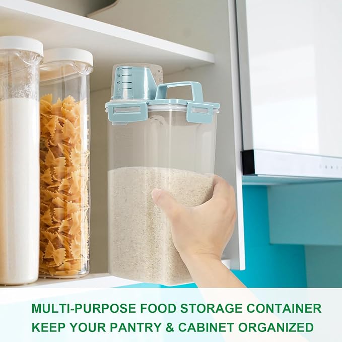 TBMax Rice Container 2 Pack, Airtight Cereal Container Oatmeal Storage with Easy-pouring Spout & Handy Cup for Flour Grain Beans, Pet Dog Cat Bird Food Storage Dispenser-Sky Blue