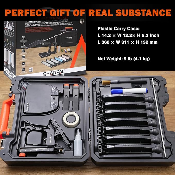 SHARPAL 202H Precision Knife Sharpening SystemโAdjustable Angle 10โ35ยฐ Knife Sharpener Kit with 7 Abrasive Plates (Diamond 220/325/600/1000, Whetstone 3000/6000, Leather Strop) and Giftable Carry Case