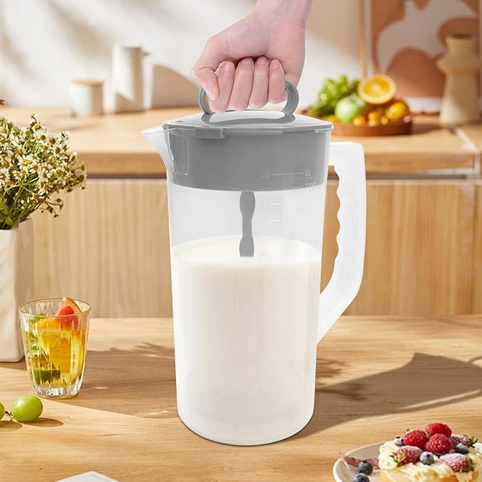 2 Quart/ 64oz Plastic Clear Mixing Pitcher with Lid, 2 Pack, Easy-Mix Juice Container, Angled Plastic Blades and Adjustable Mixer Plunger