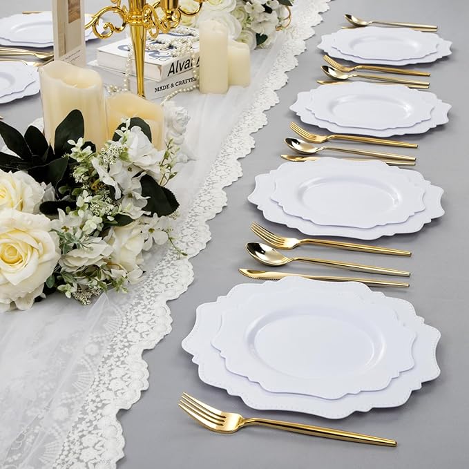 COLOSUS 60PCS White Plastic Plates for 30 guests-Fancy Plastic Beaded Plates,Plastic Plates for Party, Elegant White plates,Include 30 PCS 10.5" Dinner plates & 30PCS 8.25" Dessert plates for easter