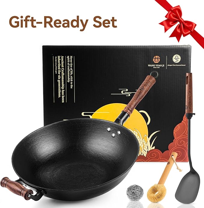 WANGYUANJI Cast Iron Wok Pan with Lid, 12.6 Inch Flat Bottom Uncoated Stir Fry Pan, Traditional Chinese Hand-Cast Deep Iron Pot for Electric Induction & Gas Stoves, Heavy Duty Cookware