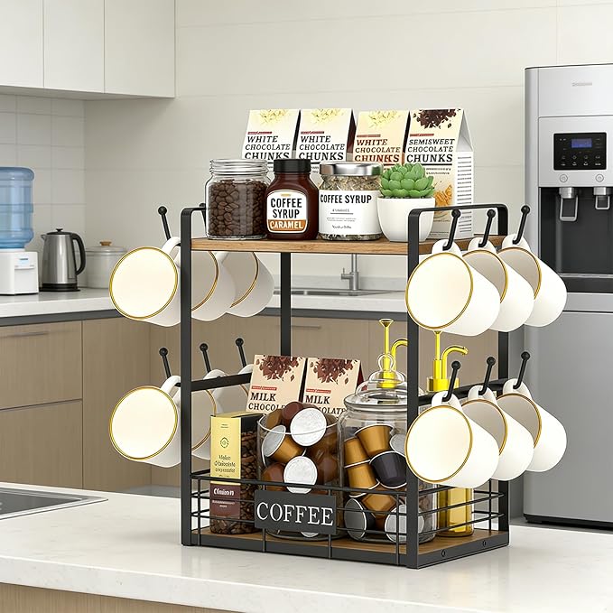Coffee Mug Rack with 12 Hooks, 2-Tier Coffee Cup Holder with Shelf and Storage Basket, Kitchen Mug Organizer for Bar Kitchen Déco