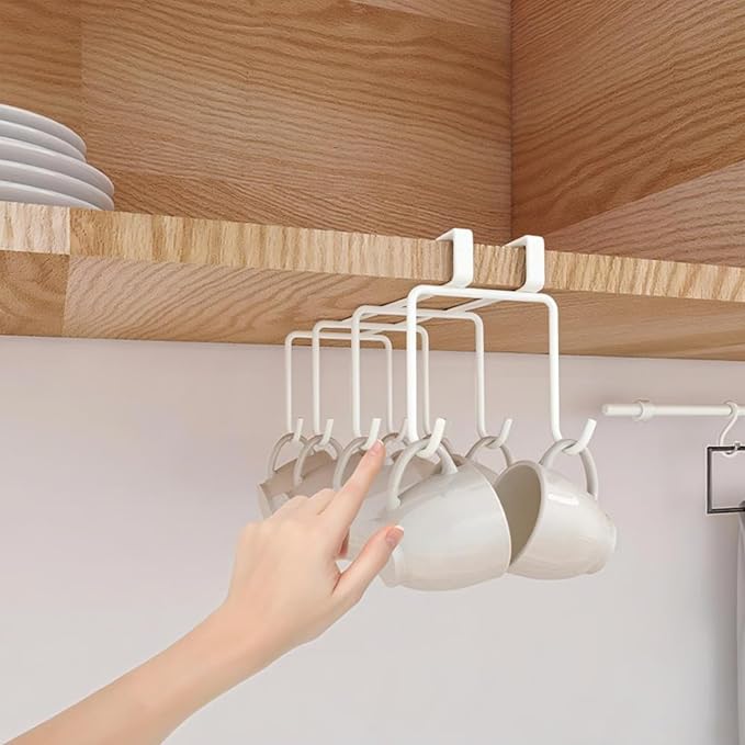Mug Holder Under Cabinet,2pcs Coffee Mug Organizer for Kitchen,Fit for 0.8 Inch Thickness Shelf or Less,Nail Free Adhesive Coffee Cups Holder Hanger for Cups/Kitchen Utensils/Keys Storage (White)