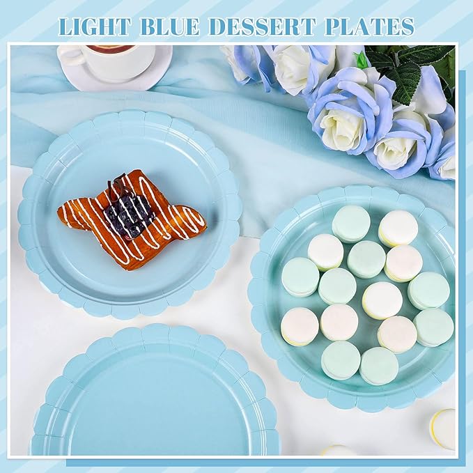 30 Pcs Light Blue Plates, Boy Baby Shower Decorations 9 Inch Scalloped Baby Blue Dessert Party Plate Cute Paper Plate for Easter Party, Birthday, Wedding, Bridal Shower