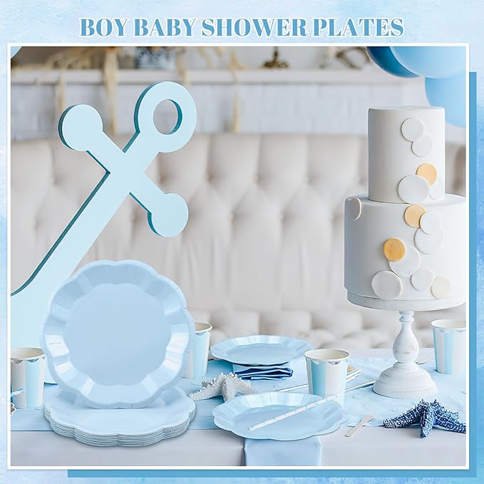 30 Pcs Light Blue Paper Plates 9 Inch Scalloped Baby Blue Plates Disposable Dinner Plate Party Plate for Wedding, Boy Baby Shower, Birthday, Easter Party