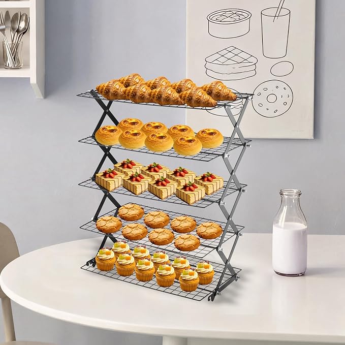 5-Tier Stackable Cooling Rack for Baking, Collapsible Wire Cookie Rack with Adjustable Heights, Non-Stick Roasting & Drying Rack for Cupcakes, Pies and Pastries, Space-Saving Kitchen Essential