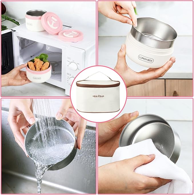 Dandat 4 Pcs Insulated Bento Box Portable Stainless Steel Food Container Round Stackable Leakproof Thermal Food Container for Adult Men Women with Insulated Bag, 74 oz (Pink)
