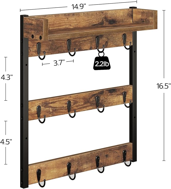 Coffee Mug Holder Stand, 3 Tier Mug Tree Rack, Hanging 12 Cups, with Top Shelf, for Kitchen, Dining Room, Living Room, Cafe, Rustic Brown MH42BR