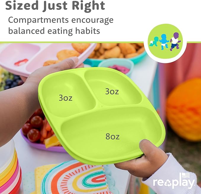 Re-Play Toddler Plates with Dividers - Deep-Walled 3 Compartments Divided Plates for Kids - Dishwasher & Microwave Safe - Made in USA - Set of 3-7.37" x 7.37" x 1.25" - Aqua Asst
