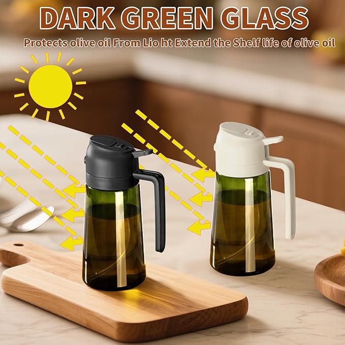 2PCS Olive Oil Dispenser and Oil Sprayer – 16oz/470ml Glass Light-Proof Oil Pourer for Kitchen Air Fryer, Cooking, Salad, and BBQ, with Stickers