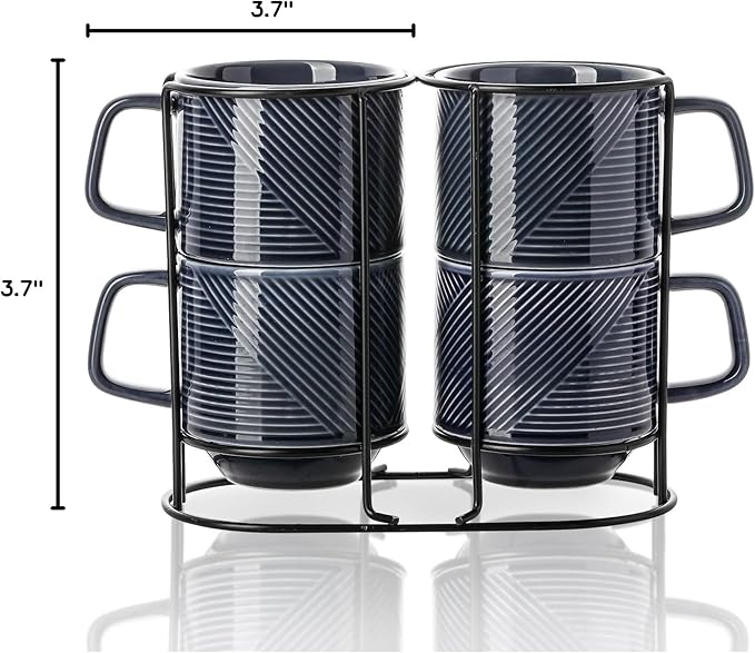 Stackable Coffee Mugs with Rack: 13 oz Stacking Ceramic Cups with Stand - Porcelain Stacked Tea Mug Set of 4 (Navy)