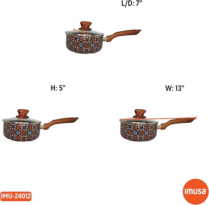 IMUSA 1.5 Quarts Talavera Nonstick Saucepan with Lid, Wood Look and Soft Touch Handle, Ceramic Coated