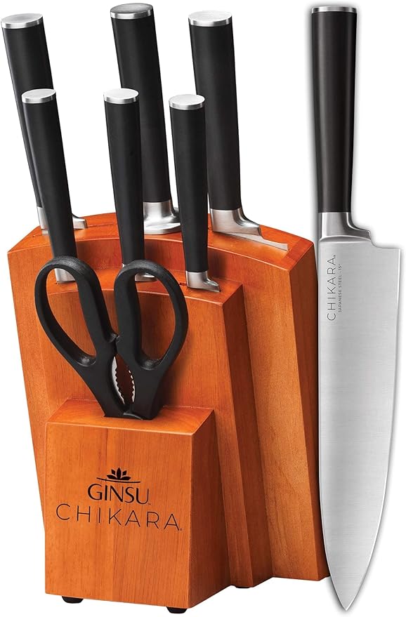 Ginsu Chikara Series Forged 8-Piece Japanese Knife Set - Premium Cutlery Set with 420J Stainless Steel Kitchen Knives and Toffee Bamboo Block