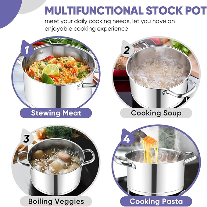 TeamFar 6QT Stainless Steel Stock Pot, Tri-ply Base Cooking Pasta Sauce Soup Pot with Glass Lid for Induction/Gas/Ceramic Stoves, Transparent Cover & Double Handles, Heavy Duty & Dishwasher Safe