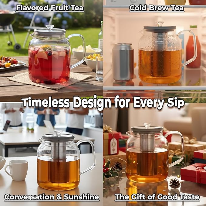 Aquach Glass Teapot with Infusers for Loose Tea, 68 Oz Glass Tea Kettle Dishwasher and Stovetop Safe, Plastic-Free Borosilicate Glass Tea Pot and Stainless Steel Tea Infuser