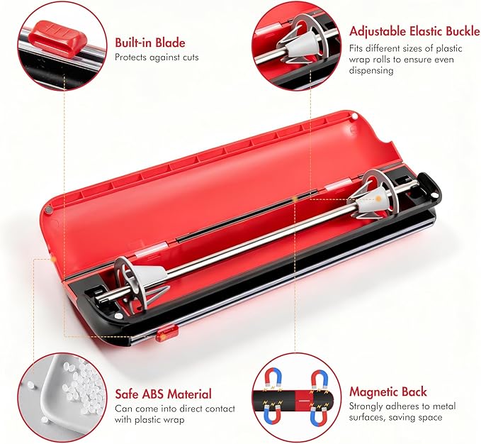 Aluminum Foil & Plastic Wrap Dispenser with Cutter - Easy One-Hand Operation, Space-Saving Kitchen Organizer for Worktops & Cabinets, Magnetic Cling Film Dispenser - Fits 12" Rolls, Red