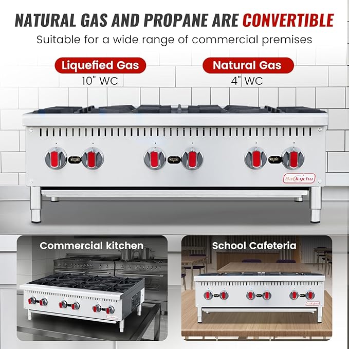 Commercial Gas Stove 6-Burner - 150,000 BTU Countertop Cooking Stove Range, Heavy-Duty Hot Plate, Stainless Steel Cooking Equipment for Restaurant, kitchens, Propane/Natural Gas