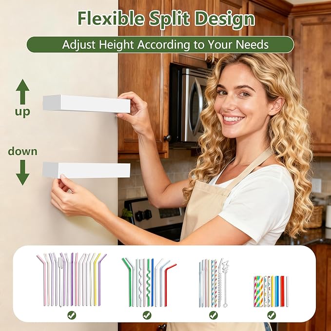 9.5" Large Acrylic Straw Holder for Cabinet Door - Reusable Tumbler Straw Organizer Storage, Small Kitchen Accessories Container, Ultra Sticky Cupboard Door Mounted (White)