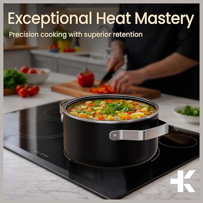 Bakken 3 Quart Ceramic Coated Stock Pot with Lid, Easy to Clean Nonstick Pot, Tempered Glass Lid, Riveted Stainless Steel Handles, Oven Safe Up To 500°F, PTFE & PFAS Free, All Stove Compatible, Black