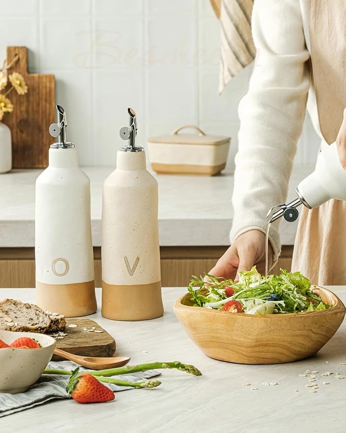 Besmeety 18oz Olive Oil Dispenser Bottle for Kitchen, Ceramic Oil and Vinegar Dispenser Set with Automatic Stainless Steel Pourer
