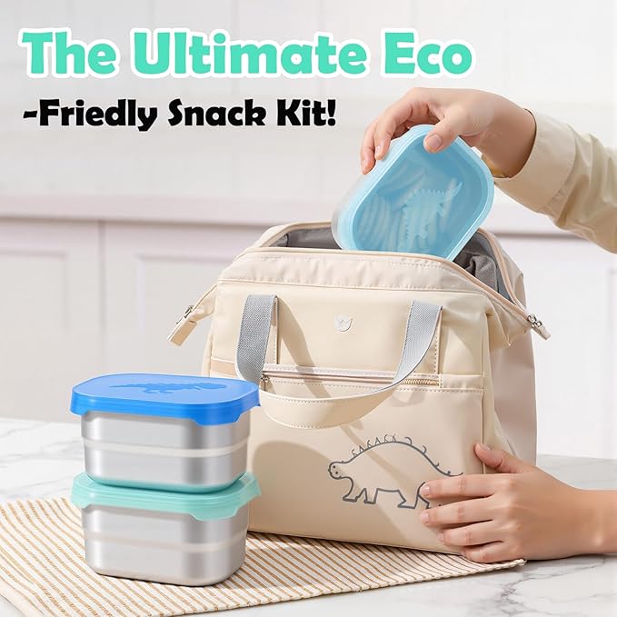 3×8oz Small Stainless Steel Snack Containers for Kids & Toddlers - 230mL Leakproof Food Containers with Cute Dino Lids | LFGB Certified, Stackable Metal Snack Box for Daycare, School, Travel