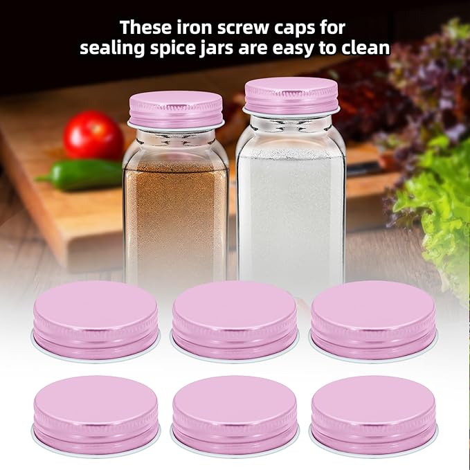 48 Pcs iron Jar Lids Lids for 4 oz and 6 oz Square Spice Jars Reusable Can Airtight Spice Storage Canning Lids for Nice Sealing Kitchen (Pink)
