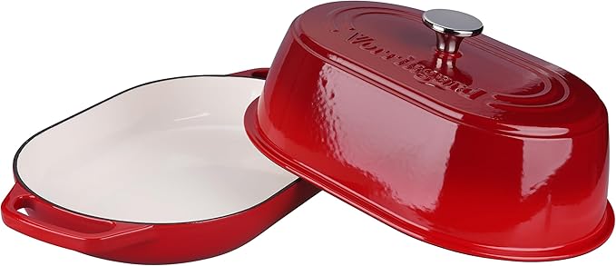 Enameled Cast Iron Dutch Oven Pot with Dome Lid, Oval Bread Oven for Homemade Sourdough Bread Baking, Oven Safe up to 500°F, 6 Quart, Red