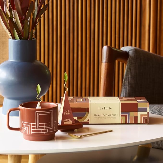 Tea Forte Terra Stoneware Teacup with Saucer, Frank Lloyd Wright, 8 oz. Stoneware Teacup for Steeping Pyramid Infusers, Dishwasher & Microwave Safe