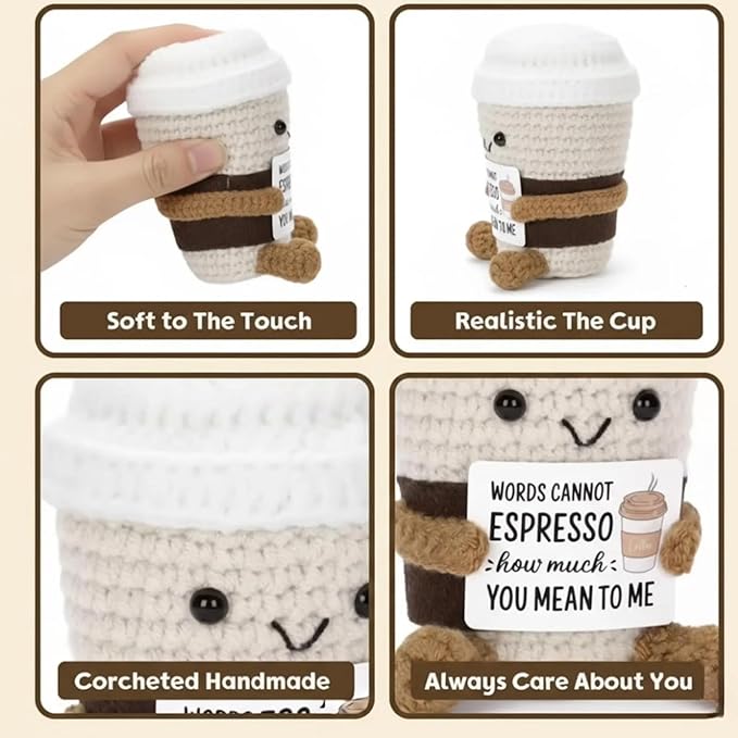 Coffee Lovers Cute Birthday Gifts for Women Men Positive Crochet Espresso Coffee Cup Desk Decor–Funny Emotional Gift for Best Friends Girlfriend Wife Husband Coworkers Thank You Valentins