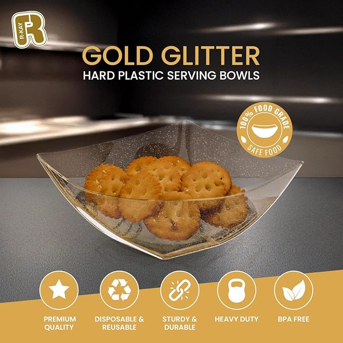 R-kay 6 Pack Gold Small Plastic Serving Bowls 8 oz - Gold Glitter Small Plastic Bowls for Parties, Premium For Weddings Catering And Birthday parties