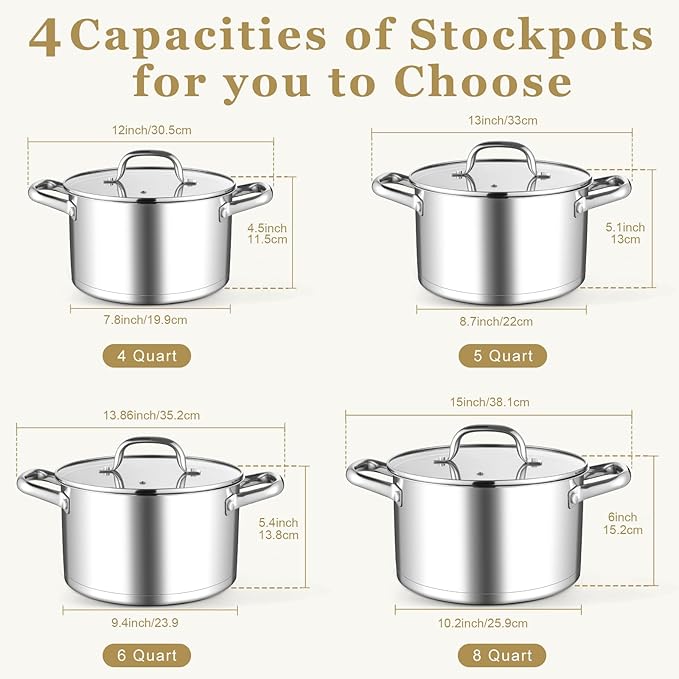 Leonyo 6QT Stock Pot with Lid, Stainless Steel Soup Pasta Pot for Home Kitchen Restaurant, Tri-Ply Bottom Stockpot for Canning, Boiling, Simmer, Dishwasher Safe