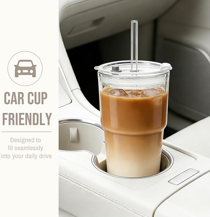 20oz Glass Tumbler with Lid and Glass Straw –Set of 4, Clear Reusable Iced Coffee Cup, Drinking Glass for Coffee, Tea, Juice, Smoothies – Durable & Elegant Glassware