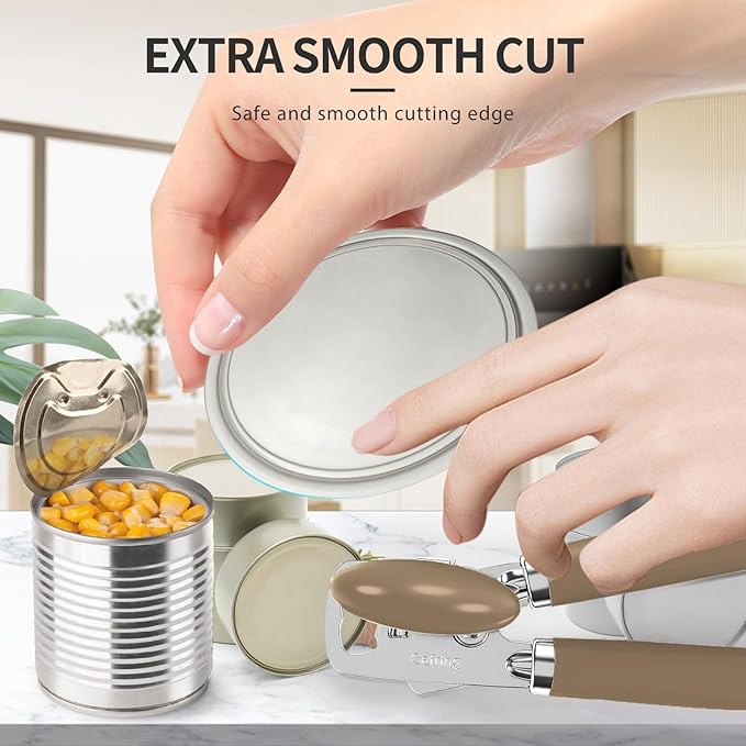 Can Opener Manual, Heavy Duty Stainless Steel Smooth Edge Can Opener With Soft Touch Handle, Oversized Handheld Easy Turn Knob, Multi-Function Bottle Opener, Coffee