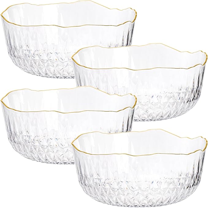 Frcctre 4 Pack 70 Ounce Small Clear Plastic Serving Bowls, 8 Inch Round Crystal Salad Mixing Bowl Disposable Plastic Catering Bowls for Party, Salad, Fruit, Snack, Chip, Popcorn
