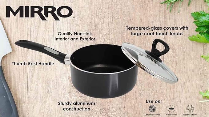 Mirro A79723 Get-A-Grip Aluminum Nonstick Sauce Pan with Glass Lid Cover, 2-Quart, Black