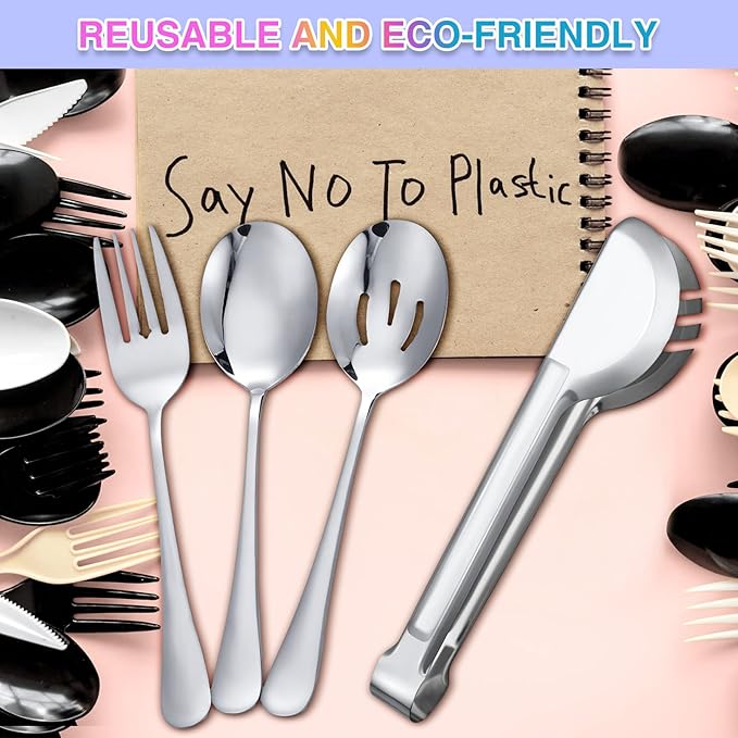 Patelai 15 Pcs Silver Stainless Steel Serving Utensils Set 8.7" Large Spoons and Slotted Spoon 9.45" Tong 9" Forks Flatware Wedding Valentine Day Holiday Party Buffet Banquet Cooking Kitchen Catering