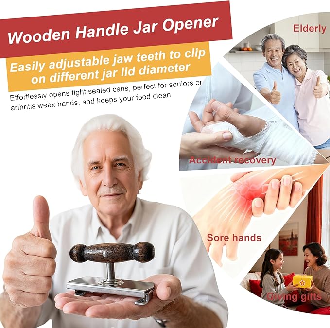 Aesthetic Oak Handle Effortless Jar Opener - Heavy-Duty 304 Stainless Steel Adjustable Cap Crack, Strong Grip for Senior & Weak Hand - Physical Leverage Manual Lid Remover Kitchen Aid Tool