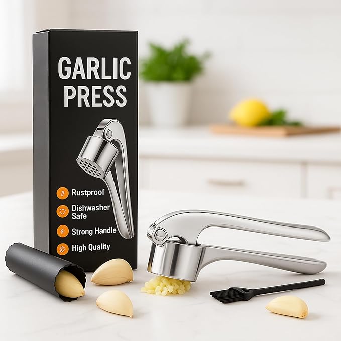 Garlic Crusher Stainless Steel | Mincer Tool | Rustproof Garlic Masher | Garlic Press | Easy to Clean & Squeeze | Travel Friendly | Dishwasher Safe Presser (Silver)