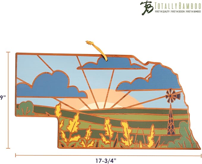 Totally Bamboo Nebraska State Shaped Cutting Board and Charcuterie Serving Platter with Artwork by Summer Stokes, Includes Hang Tie for Wall Display