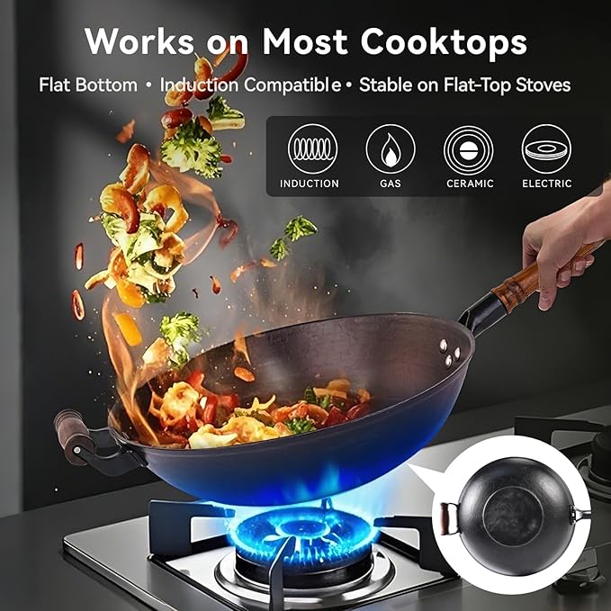 WANGYUANJI Cast Iron Wok,14.1 inch Flat Bottom Wok with Glass Lid,Suitable for All Cooktops, Uncoated Craft Pot Healthy Cooking Pot