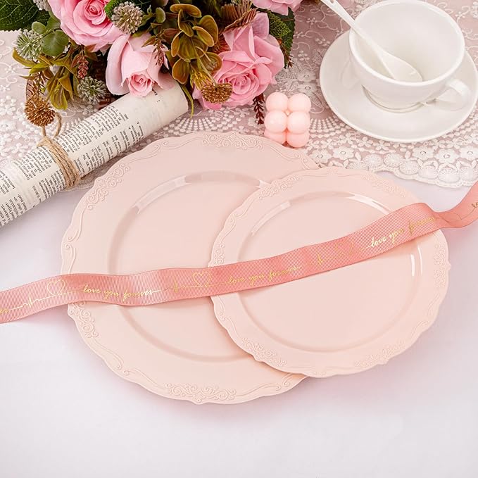 U-QE 100PCS Mauve Pink Plastic Plates for Party - Plastic Plates Disposable Heavy Duty - Pink Easter Plates for Party Including 50PCS 10.25'' &50PCS 7.5''