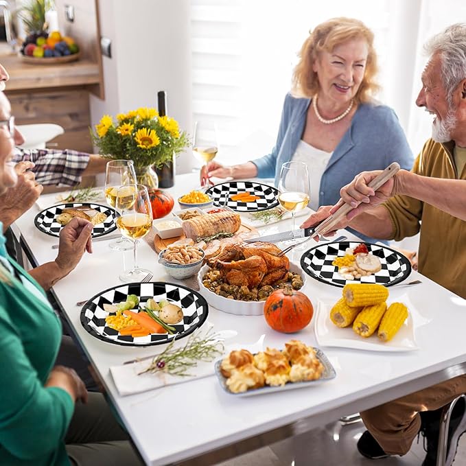 48 Pcs 7" Black Checkered Paper Plates Light Black & White Gingham Flag Party Plates, Plaid Dessert Table Supplies for Race Car BBQ Gathering Picnic Baby Shower Birthday Dinner Party Decorations