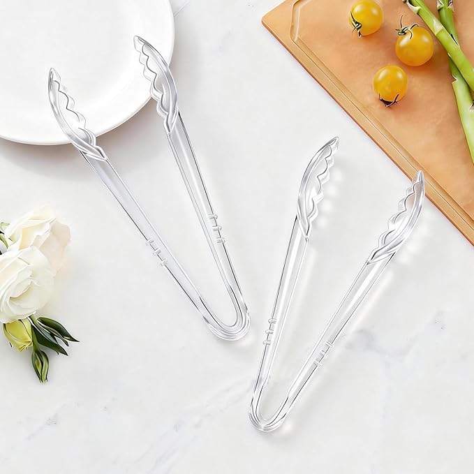 Mwellewm 12 Pc Serving Tongs 9 Inch Bulk Reusable or Disposable Plastic Tongs Heavy Duty Hard Plastic Serving Utensils Set Large Salad Tong for Kitchen Party Food Buffet Appetizer Catering (Clear)