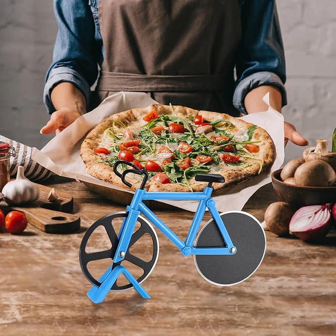 Motorcycle pizza cutter, stainless steel pizza cutter two wheels, novelty motorcycle-shaped pizza wheel cutting slicer with non-stick coating, suitable for kitchen gadgets accessories (bicycle)