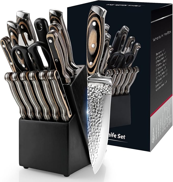 Knife Sets for Kitchen,15-piece Hammered Desgin Knife Set with Block and Sharpener, High Carbon Stainless Steel Chef Knives with Grey Triple Rivet Handle, Ultra Sharp and Dishwash Safe
