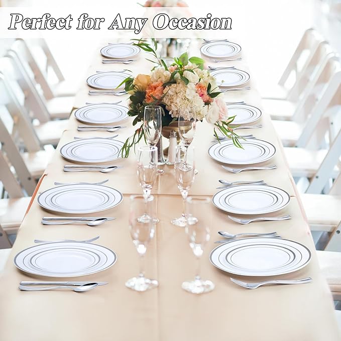 BESTSTAR 100 Piece Silver Rim Plastic Plates - 50 Dinner Plates 10.25" & 50 Dessert Plates 7.5" - Premium White Disposable Plates, Heavy Duty & Elegant for Wedding, Party, and Formal Events