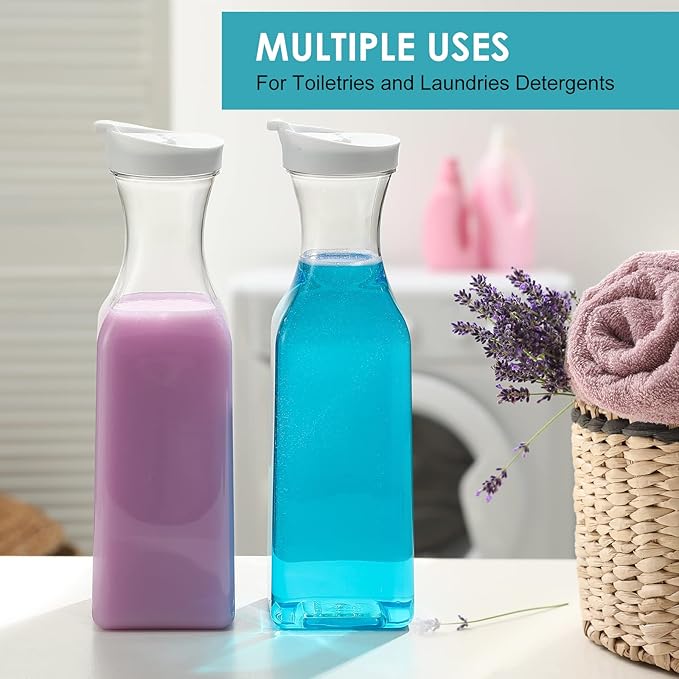 Plastic 50 Oz Water Carafe with Flip Top Lid, Set of 6 Square Base Clear Plastic Juice Container Pitcher - for Water, Iced Tea, Juice, Beverage, Lemonade, Milk and Mimosa Bar - HAND WASH ONLY
