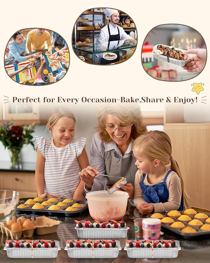 100 Pack Mini Loaf Pans with Lids, Spoons & Stickers โ Disposable Aluminum Foil Baking Cake Containers for Oven, Air Fryer & Freezer โ Ideal for Cakes, Bread, White Valentines Tins, Sliver