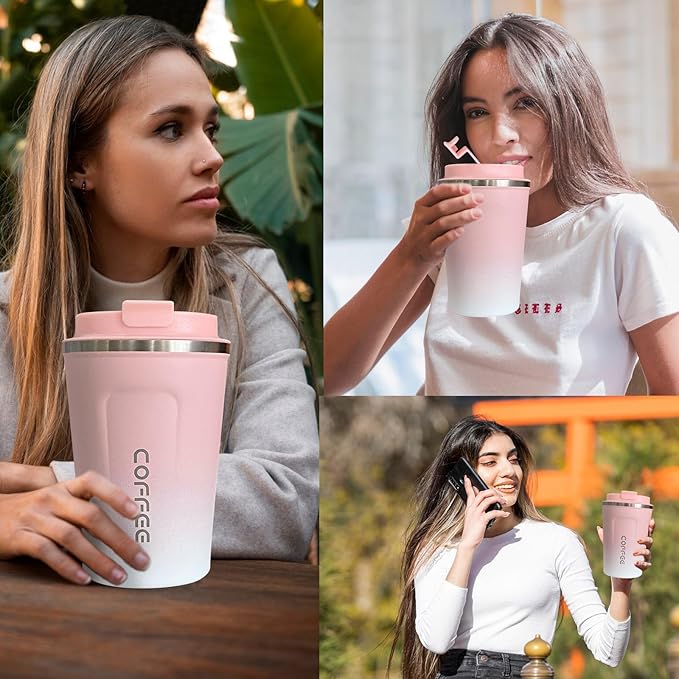 Travel Coffee Mug Leak-Proof, Reusable Coffee Cups with Lids, Stainless Steel Vacuum Insulated Coffee Tumblers, Thermal Insulation Cup for Men and Women Hot & Cold Drinks(2nd-Pink White, 17OZ)