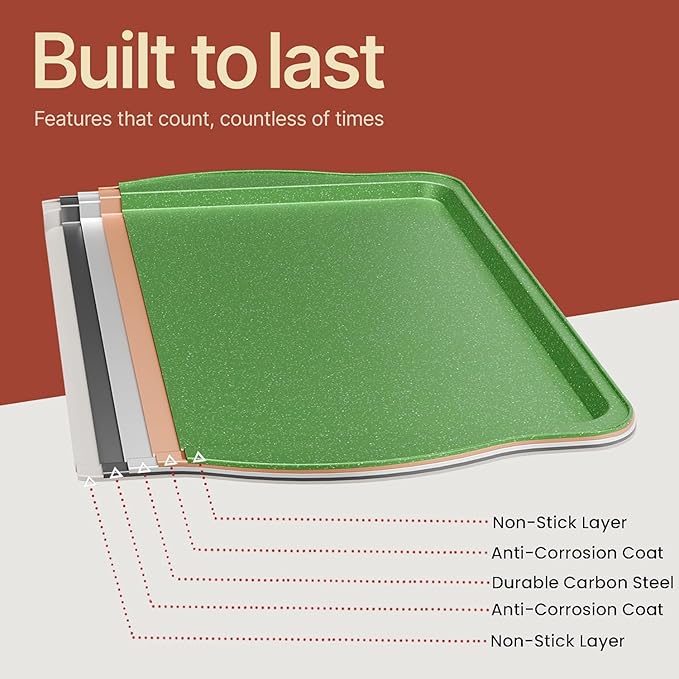BAKKEN Kitchen Baking Pan Set - Nonstick Green Marble Coating, Commercial Grade Carbon Steel Bakeware Sets, Baking Kitchen Essentials, PFOA, PFOS, PTFE Free, Oven Safe Tray (Up To 450° F), Set of 3